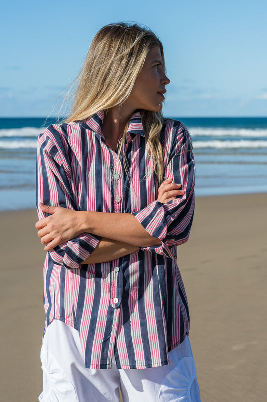 Top Clio Shirt - Indigo Pink Stripe Handblock