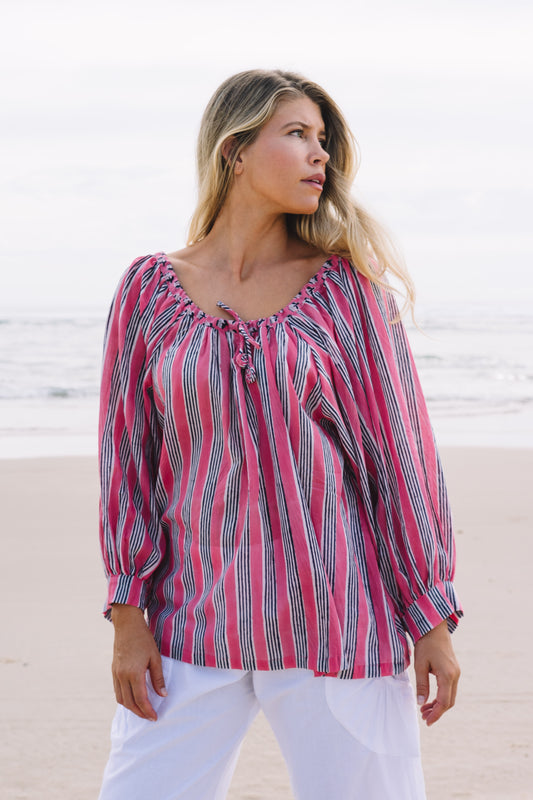 Top Anna - Pink Stripe Handblock Cotton