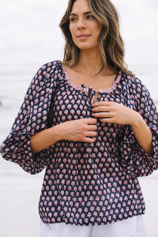 Top Anna - Laura Flower Indigo Handblock Cotton