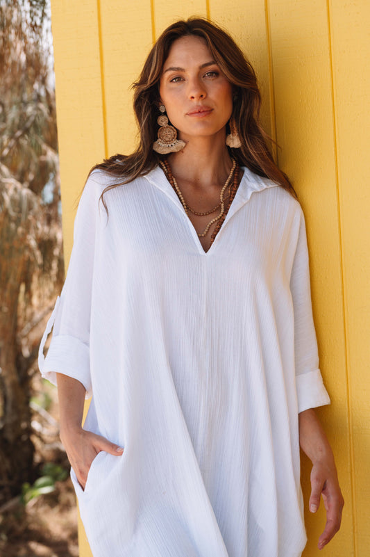 Dress Rumi Kaftan - White Gauze Textured Cotton