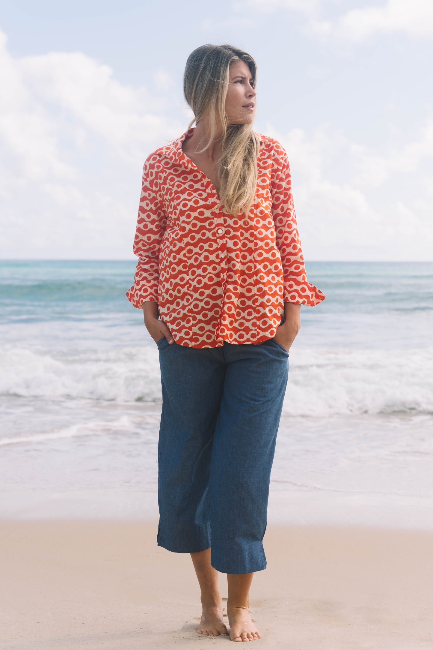 Top Clio Shirt - Anouk Papaya and Ecru Cotton