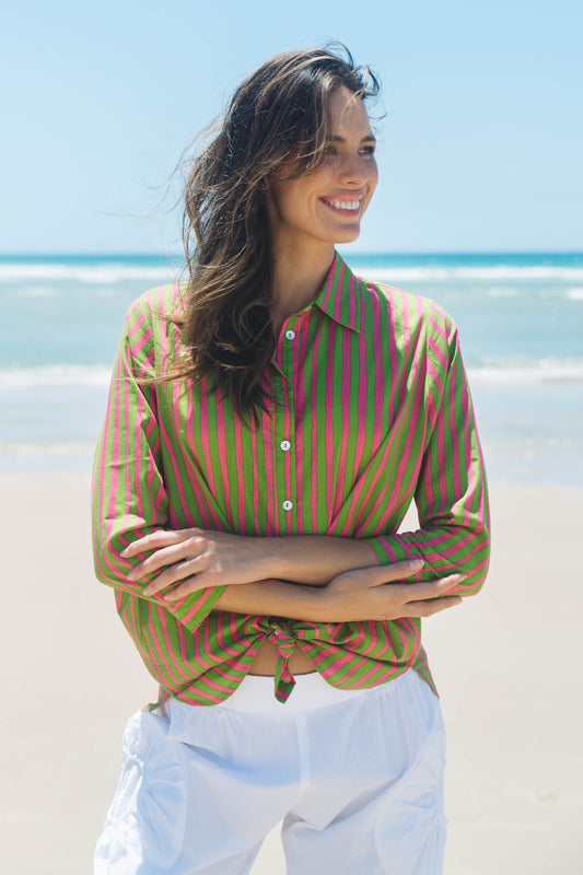 Top Tulum Shirt - Hand Painted Stripe Pink Green