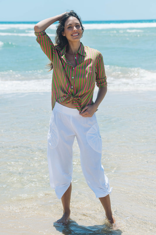 Top Tulum Shirt - Hand Painted Stripe Pink Green