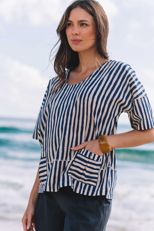 Top Chinta - Hand Painted Stripe Navy Ecru