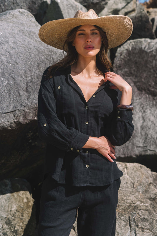 Top Cove Shirt - Black Gauze Textured Cotton