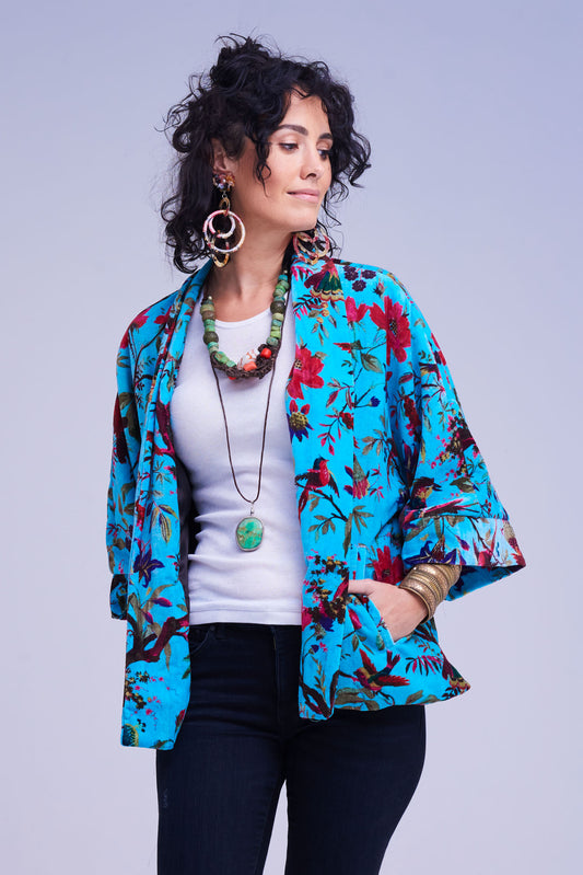 Jacket Kimono Turquoise -  Birds and Flowers