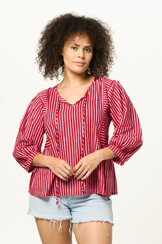 Top Arpana - Crimson Stripe Cotton Handblock