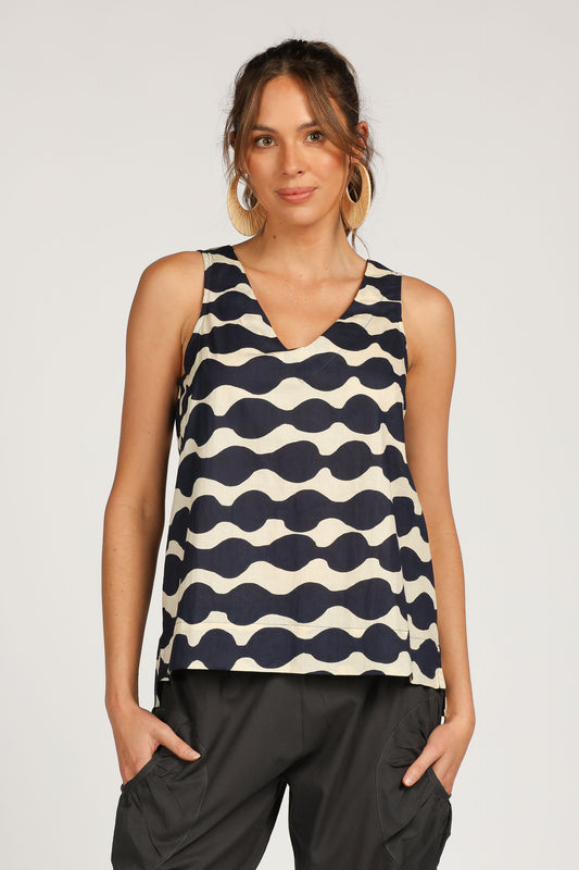 Top V Neck Cotton - Mala Navy Ecru Cotton