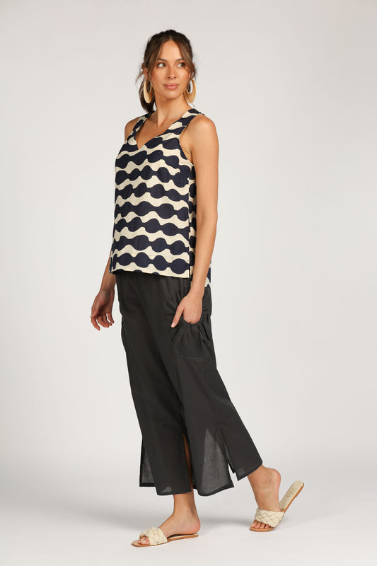 Top V Neck Cotton - Mala Navy Ecru Cotton