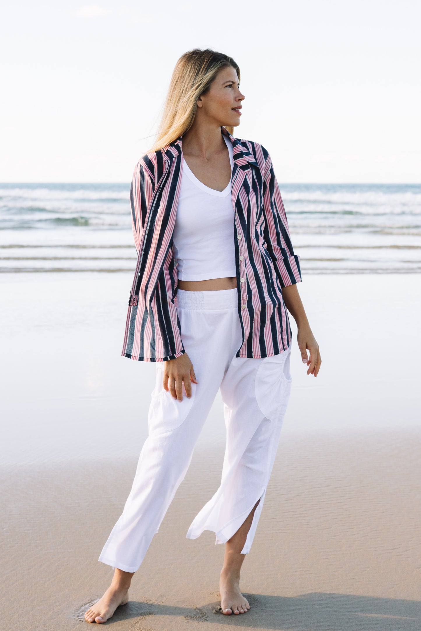 Top Clio Shirt - Indigo Pink Stripe Handblock