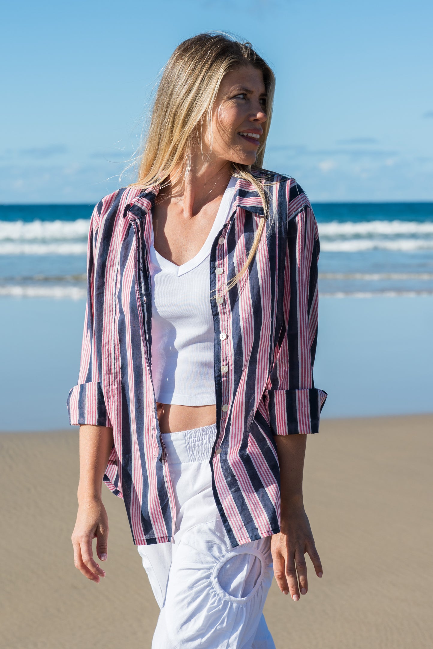 Top Clio Shirt - Indigo Pink Stripe Handblock