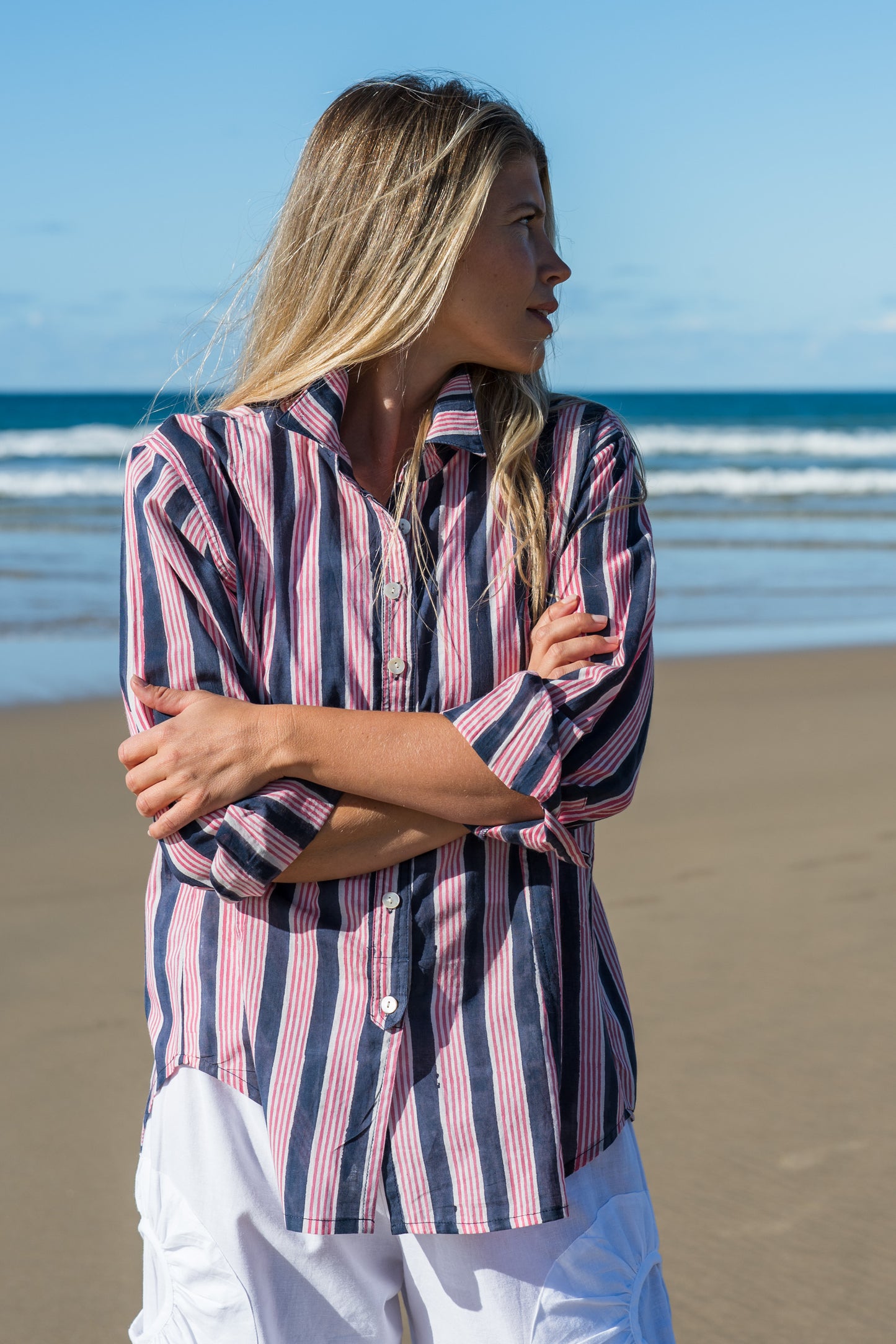 Top Clio Shirt - Indigo Pink Stripe Handblock