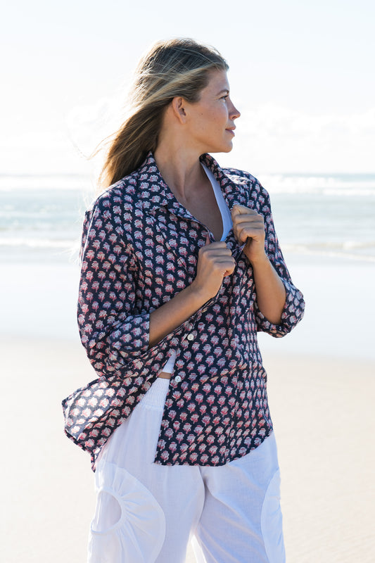 Top Clio Shirt - Laura Indigo Flower Handblock