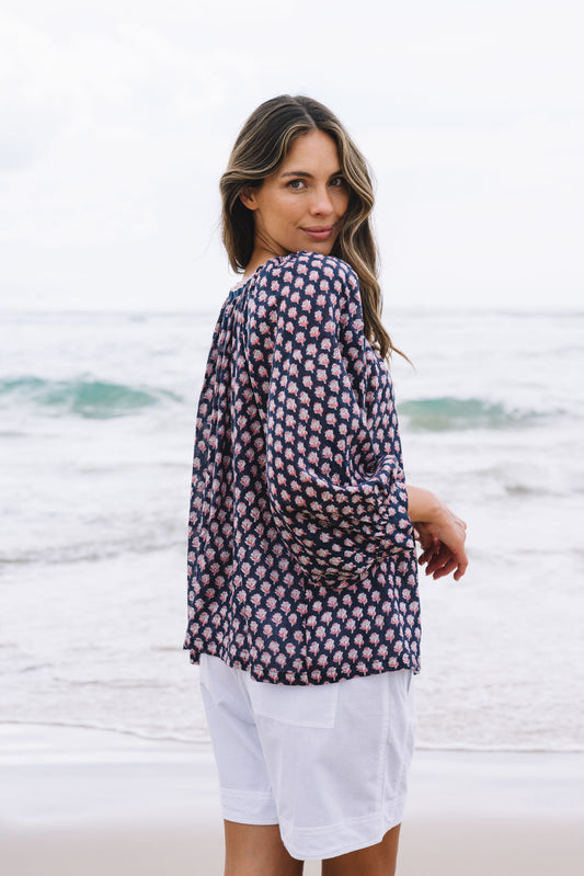Top Anna - Laura Flower Indigo Handblock Cotton
