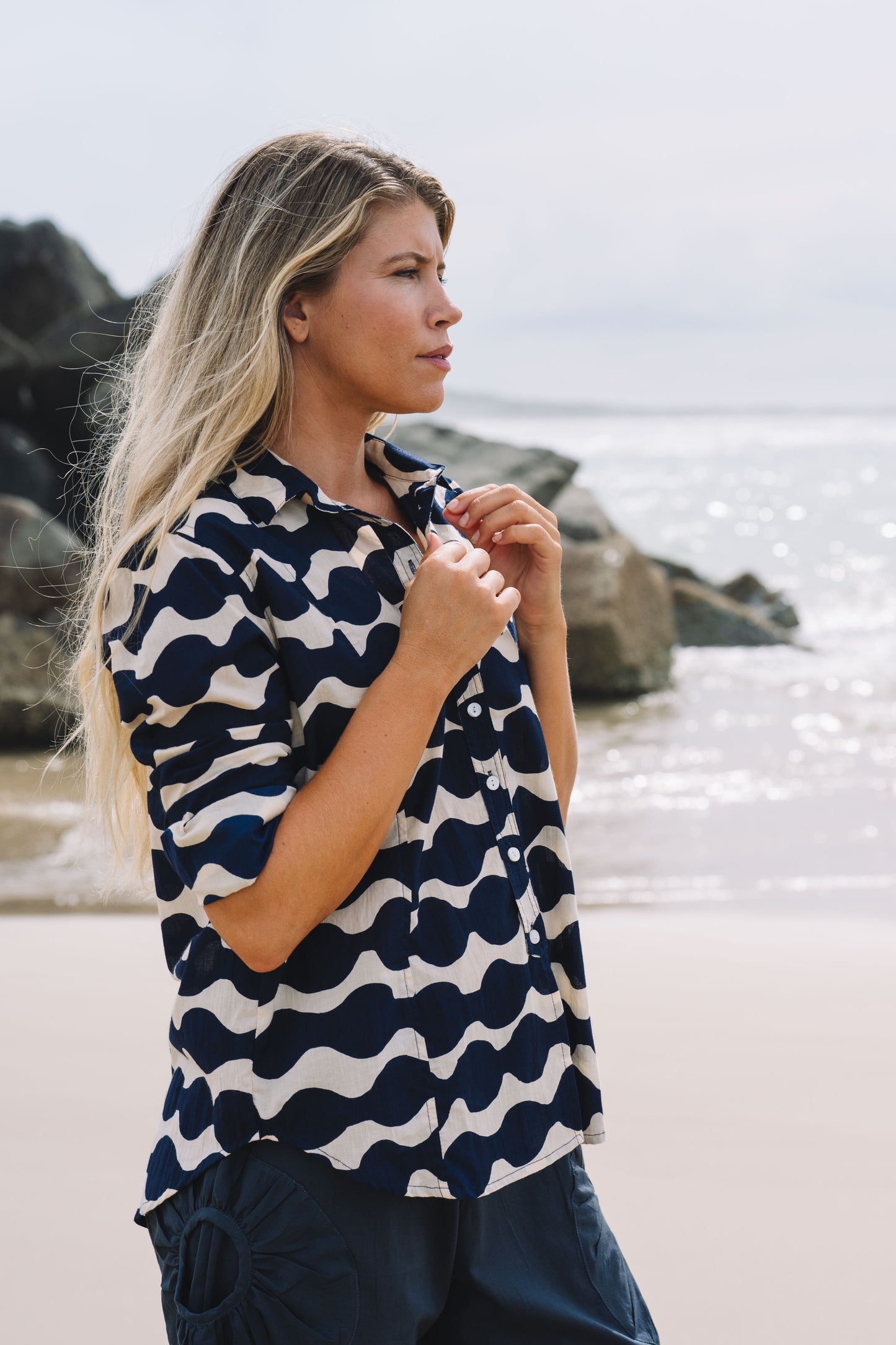 Top Clio Shirt -Mala Navy Ecru Cotton