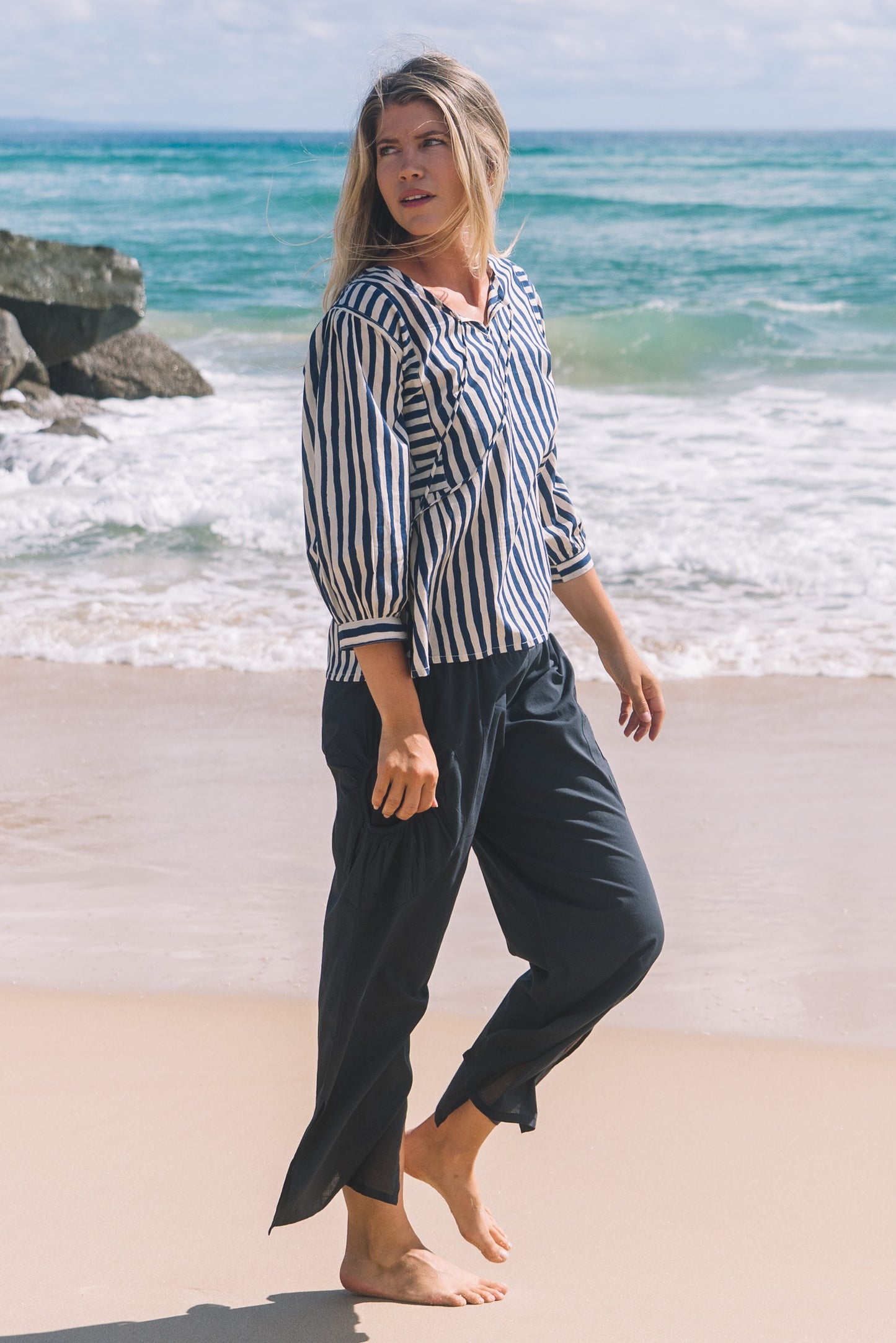 Top Arpana - Hand Painted Stripe Navy Ecru
