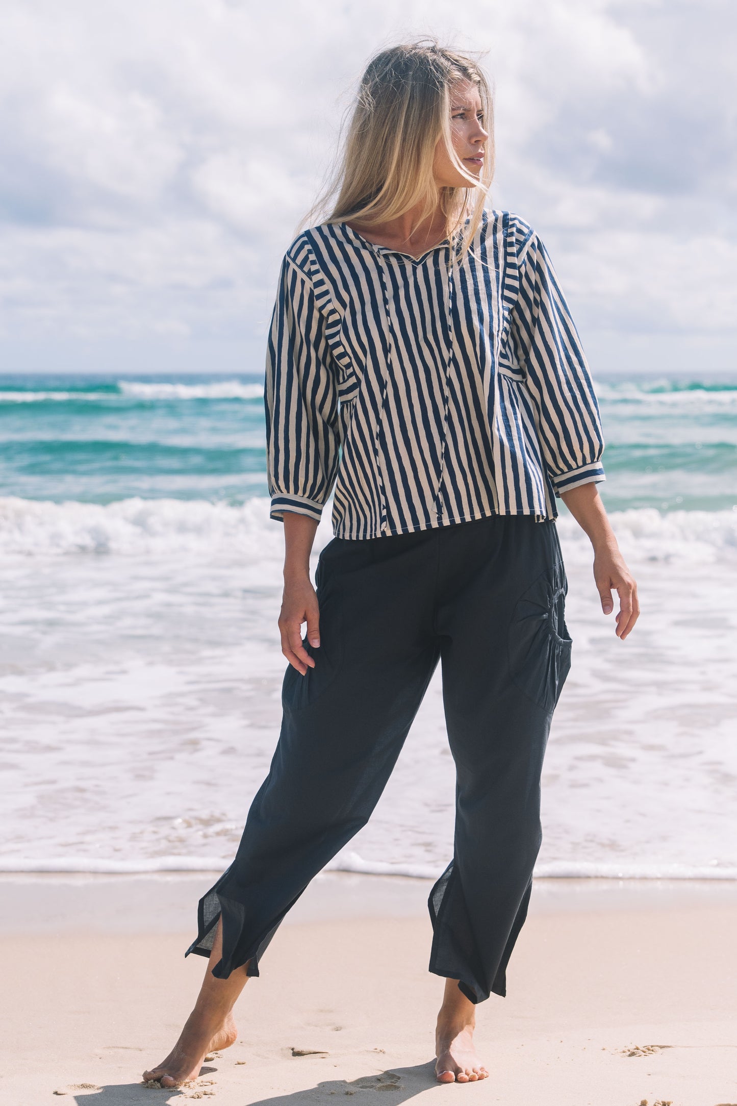 Top Arpana - Hand Painted Stripe Navy Ecru