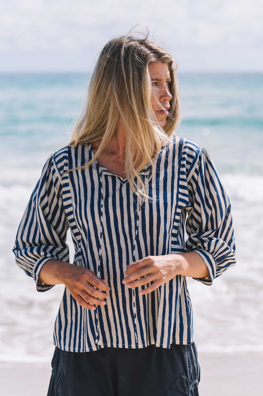 Top Arpana - Hand Painted Stripe Navy Ecru