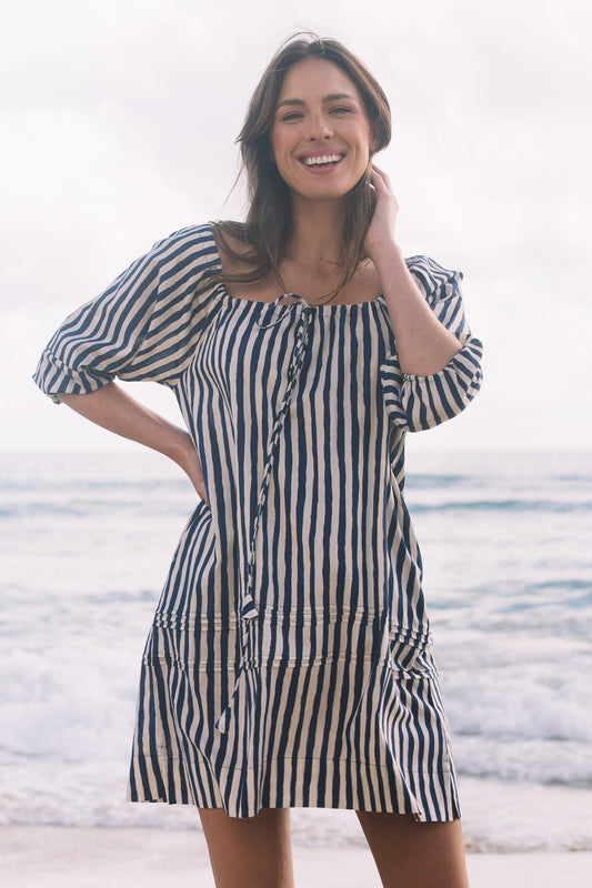 Dress Priya - Hand Painted Stripe Navy Ecru Cotton