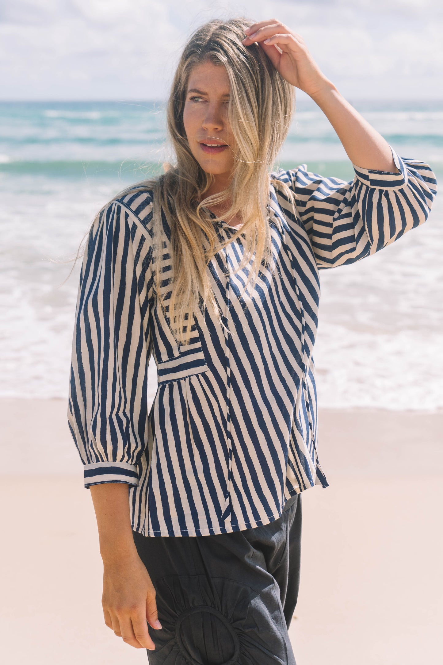 Top Arpana - Hand Painted Stripe Navy Ecru