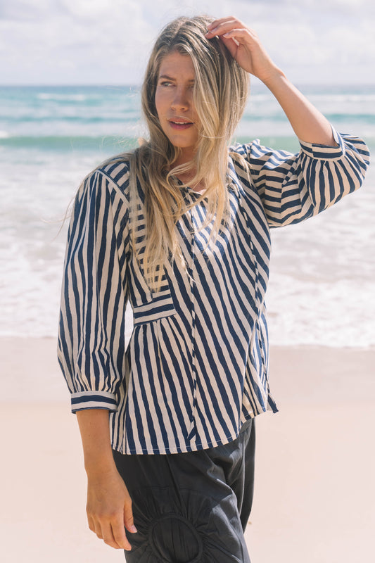 Top Arpana - Hand Painted Stripe Navy Ecru