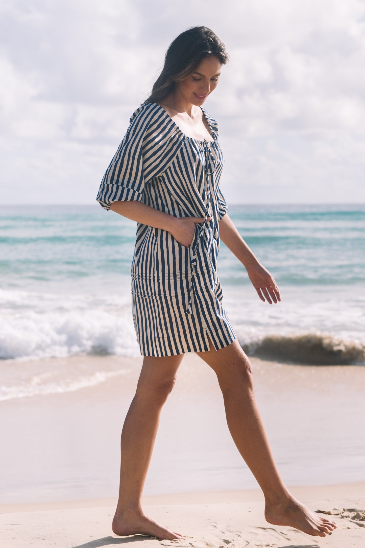 Dress Priya - Hand Painted Stripe Navy Ecru Cotton
