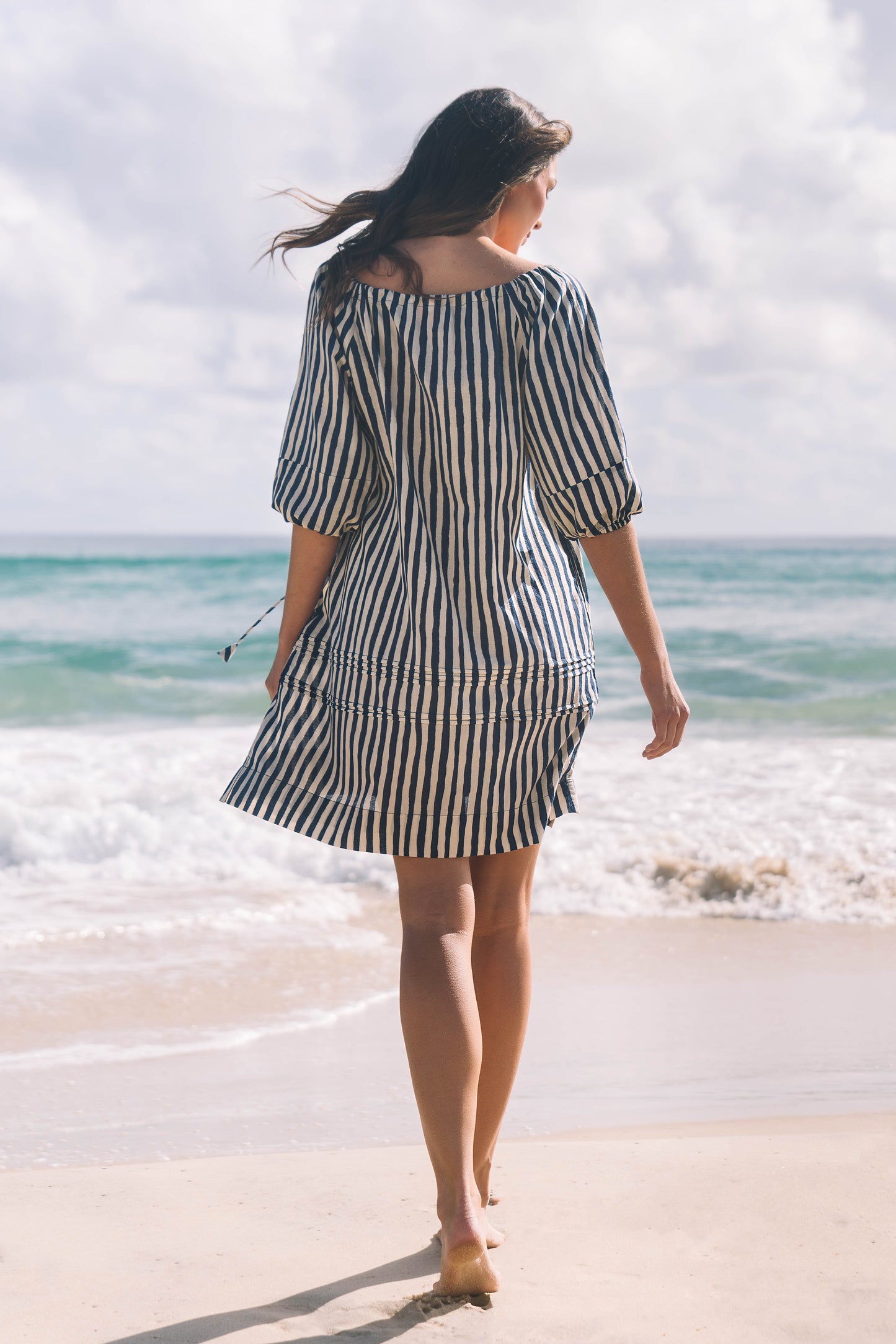 Dress Priya - Hand Painted Stripe Navy Ecru Cotton