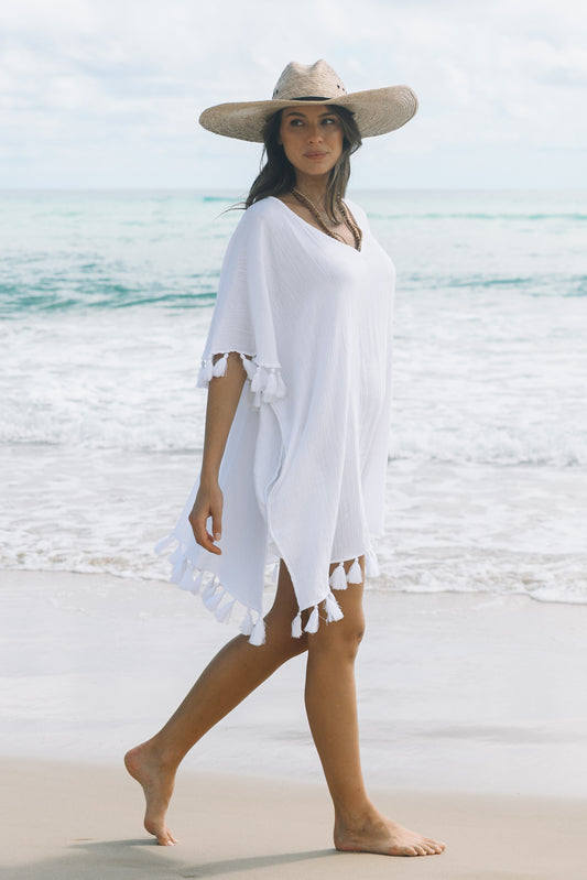 Beach Cover with Tassles - White Gauze Cotton