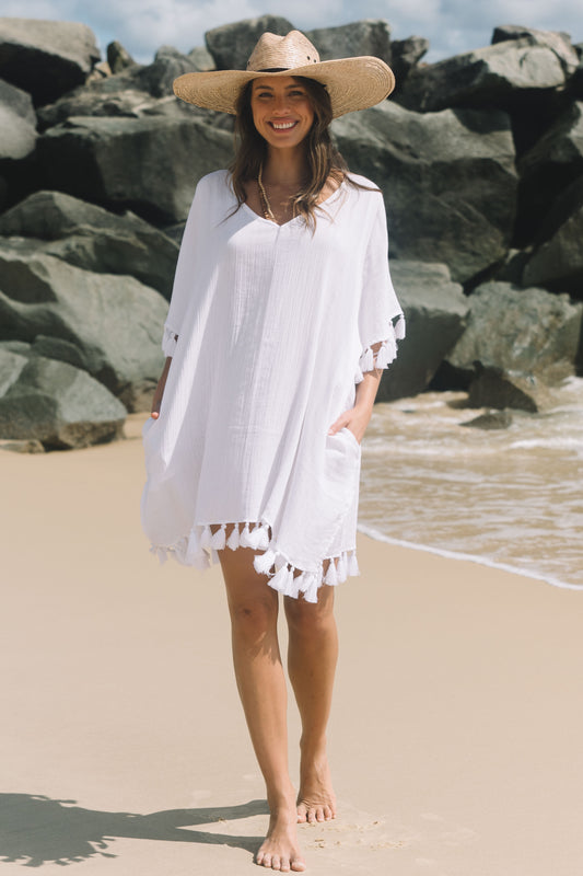 Beach Cover with Tassles - White Gauze Cotton