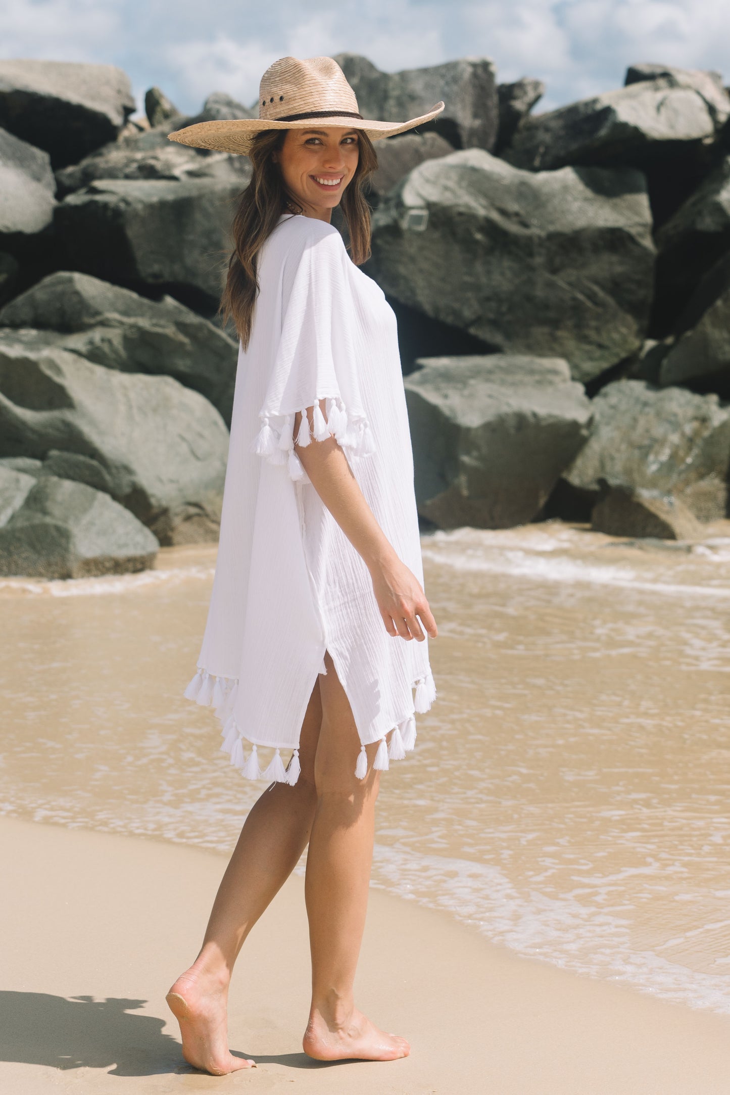 Beach Cover with Tassles - White Gauze Cotton