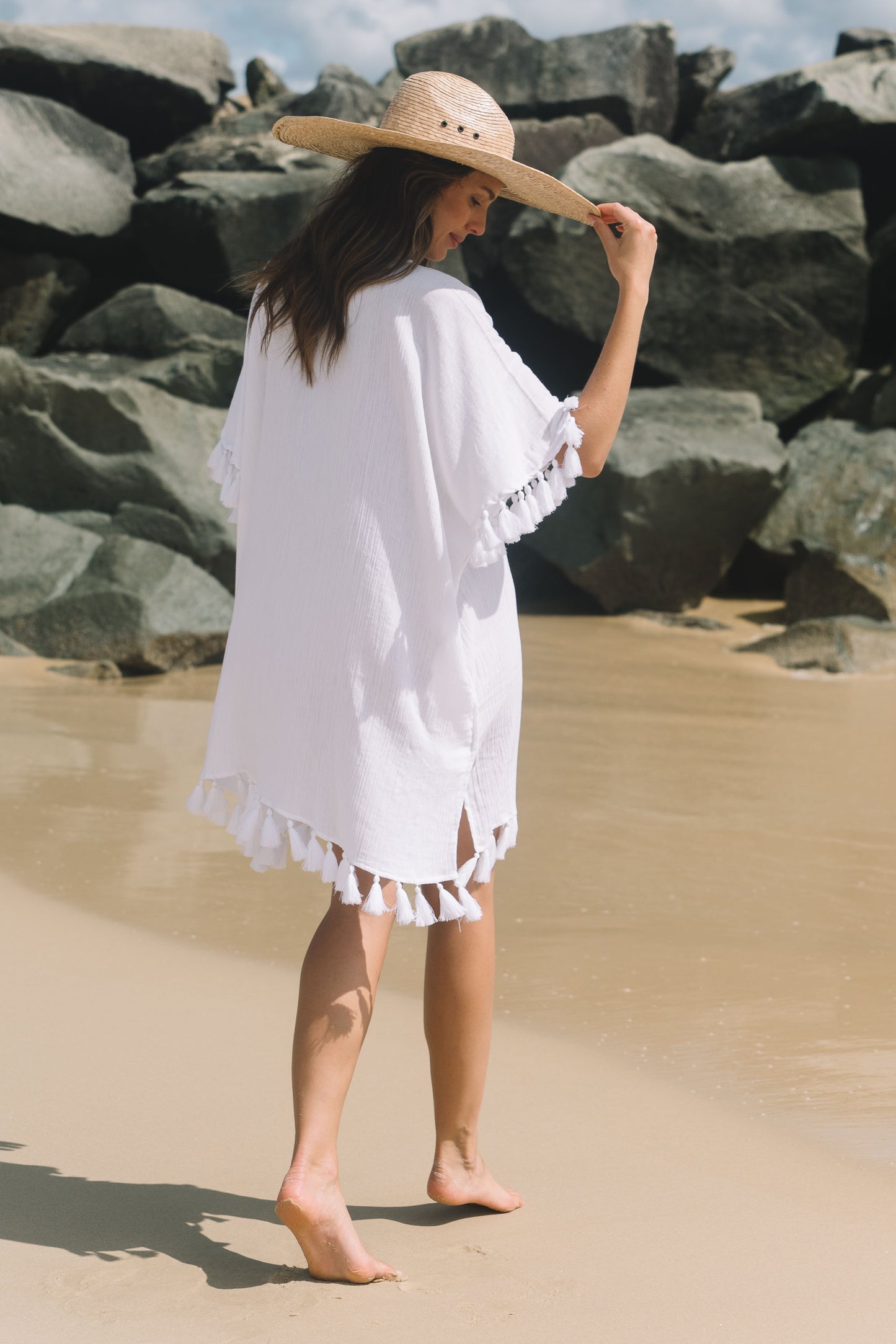 Beach Cover with Tassles - White Gauze Cotton