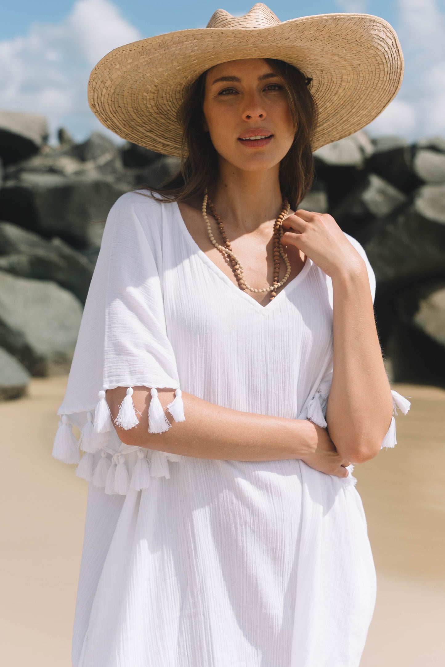 Beach Cover with Tassles - White Gauze Cotton