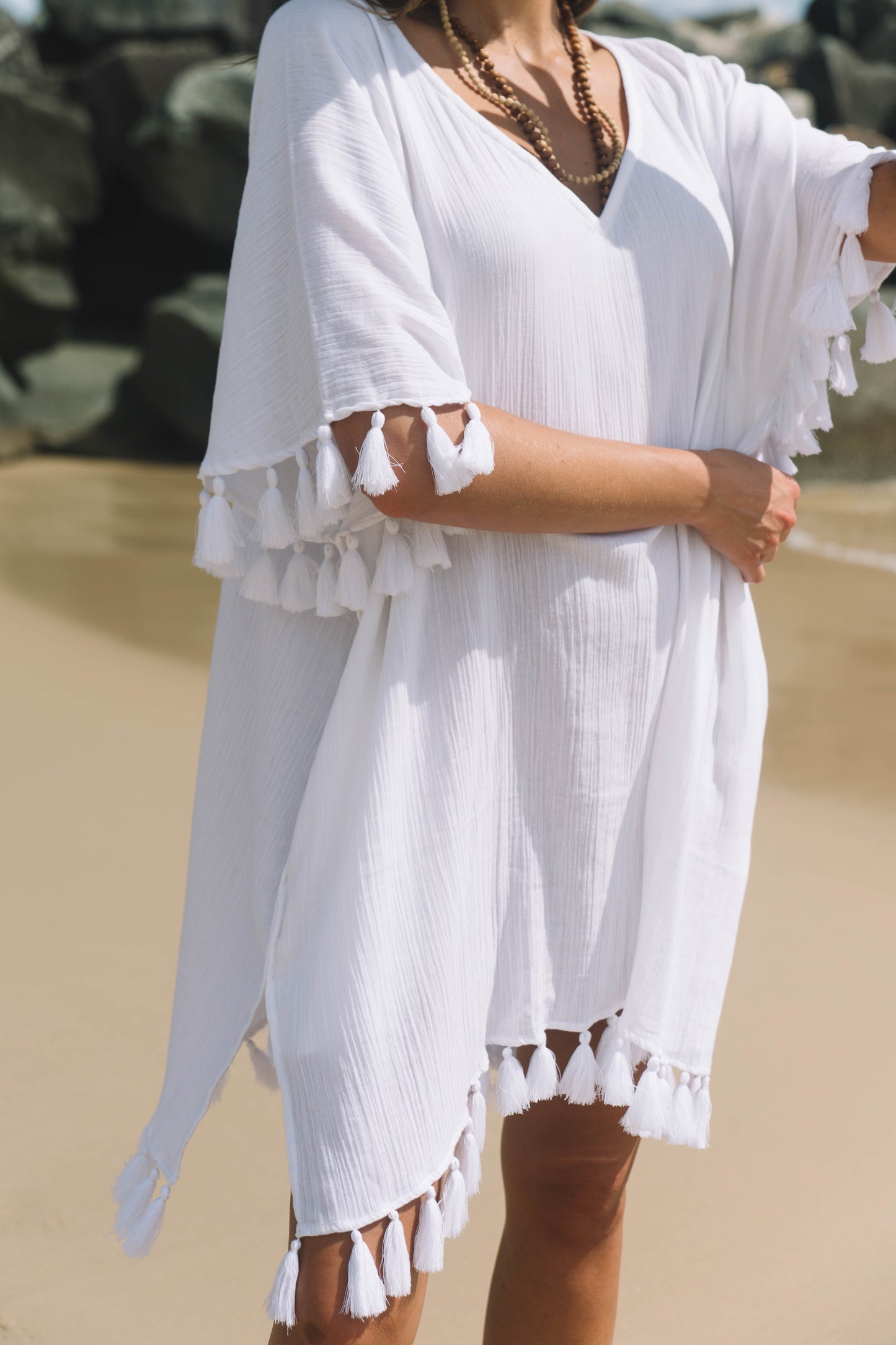 Beach Cover with Tassles - White Gauze Cotton