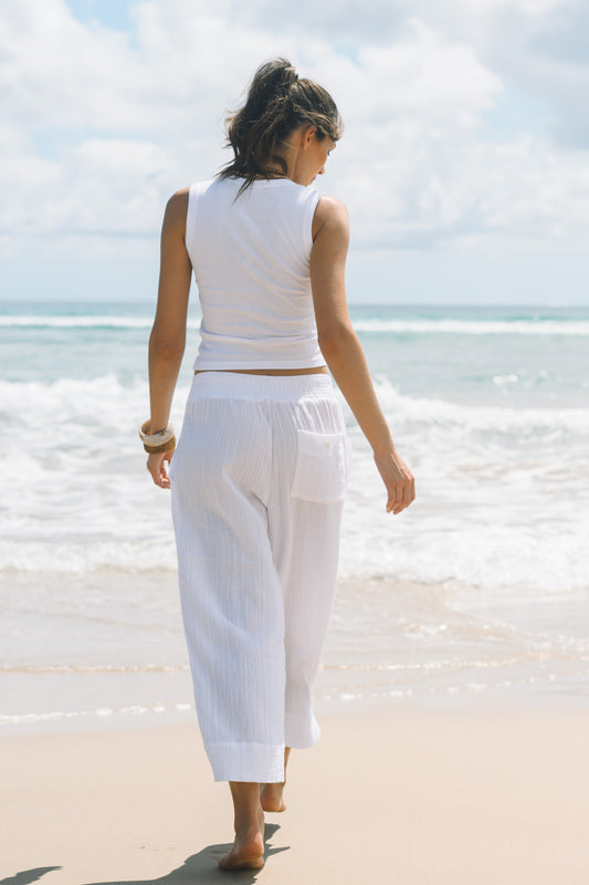 Pant Beach - White Gauze Textured Cotton