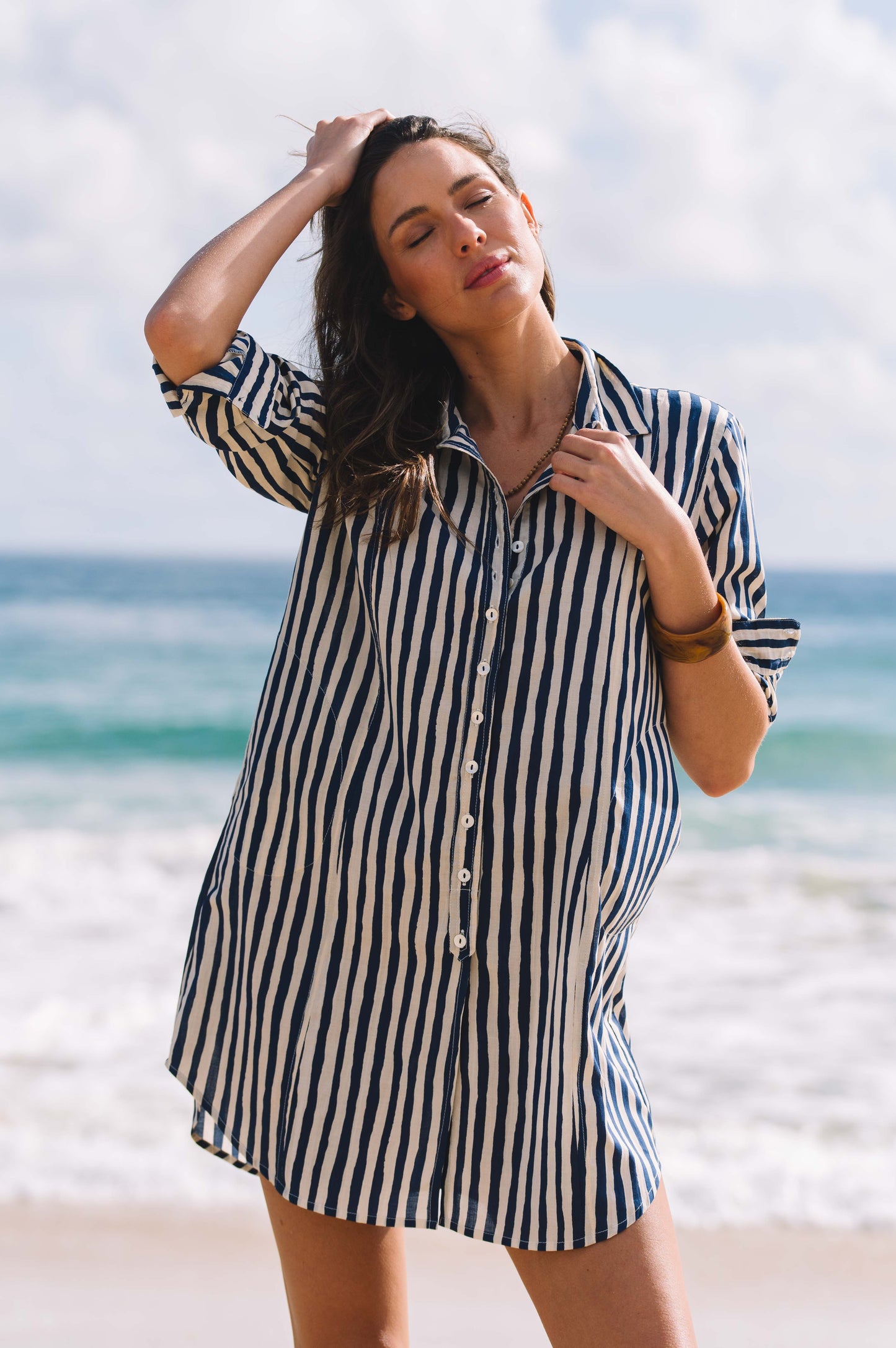 Dress Clio - Hand Painted Stripe Navy and Ecru