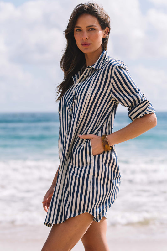 Dress Clio - Hand Painted Stripe Navy and Ecru