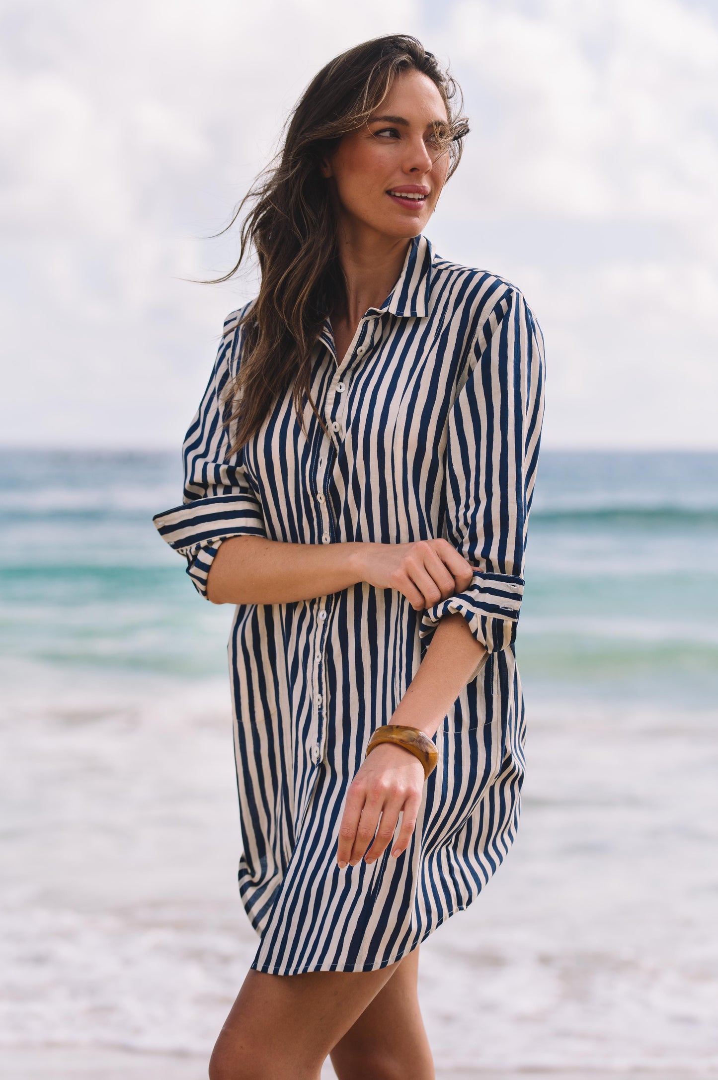 Dress Clio - Hand Painted Stripe Navy and Ecru