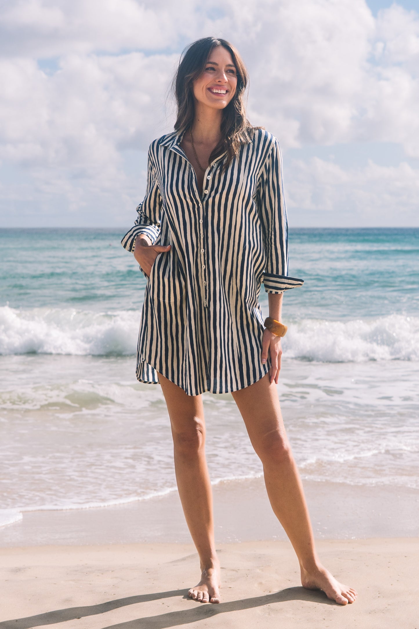 Dress Clio - Hand Painted Stripe Navy and Ecru