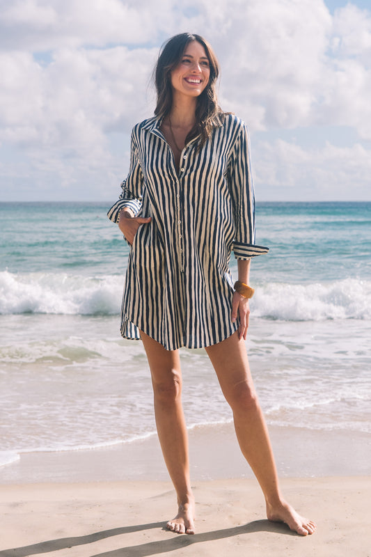 Dress Clio - Hand Painted Stripe Navy and Ecru