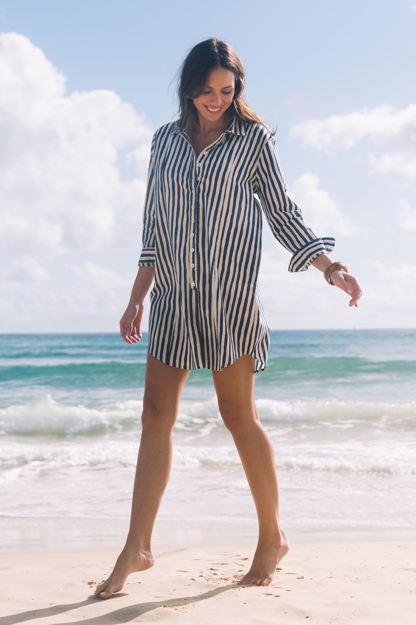 Dress Clio - Hand Painted Stripe Navy and Ecru