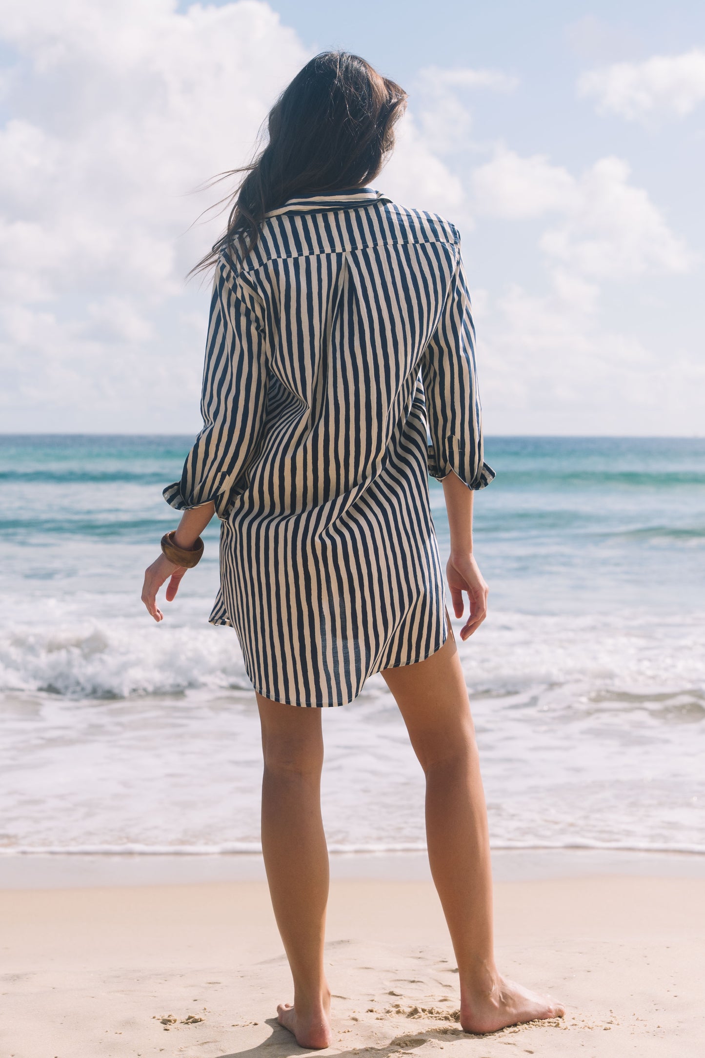 Dress Clio - Hand Painted Stripe Navy and Ecru