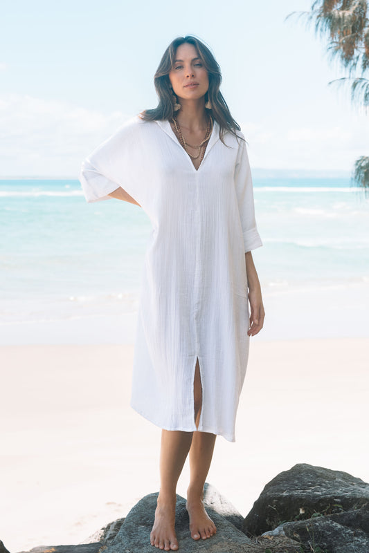 Dress Rumi Kaftan - White Gauze Textured Cotton