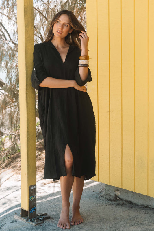 Dress Rumi Kaftan - Black Gauze Textured Cotton
