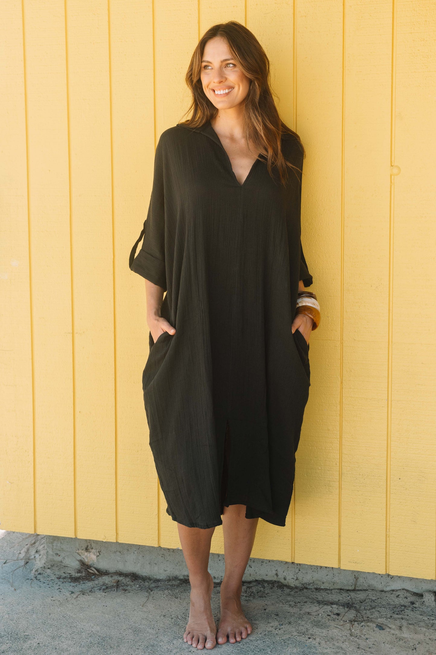 Dress Rumi Kaftan - Black Gauze Textured Cotton
