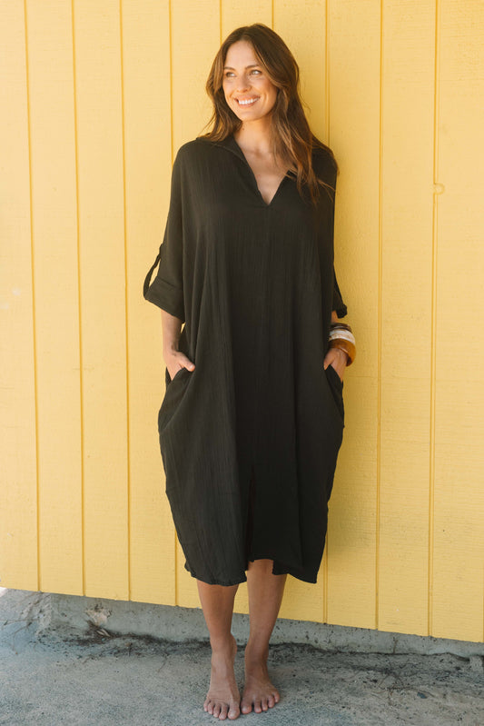 Dress Rumi Kaftan - Black Gauze Textured Cotton