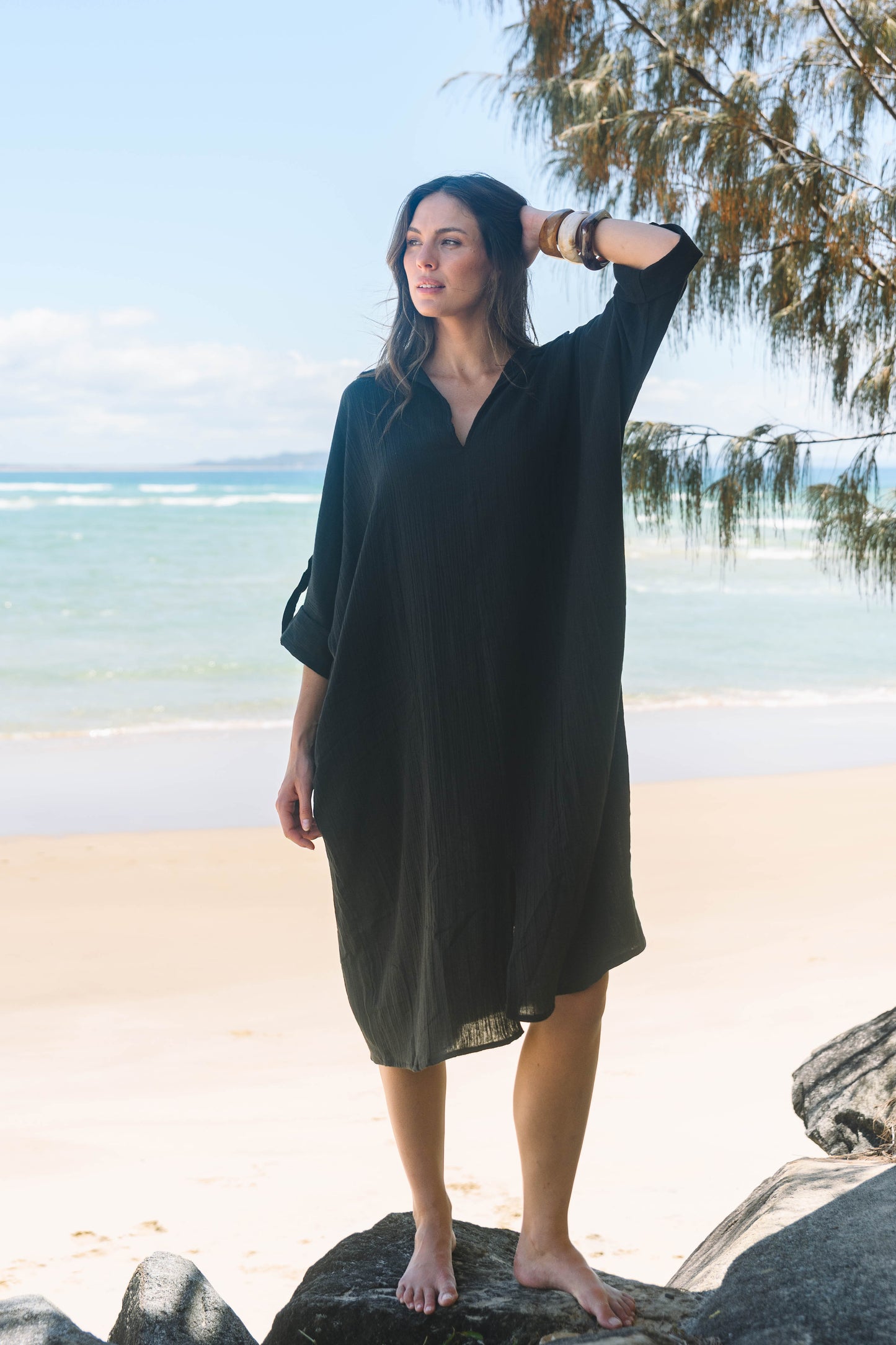 Dress Rumi Kaftan - Black Gauze Textured Cotton