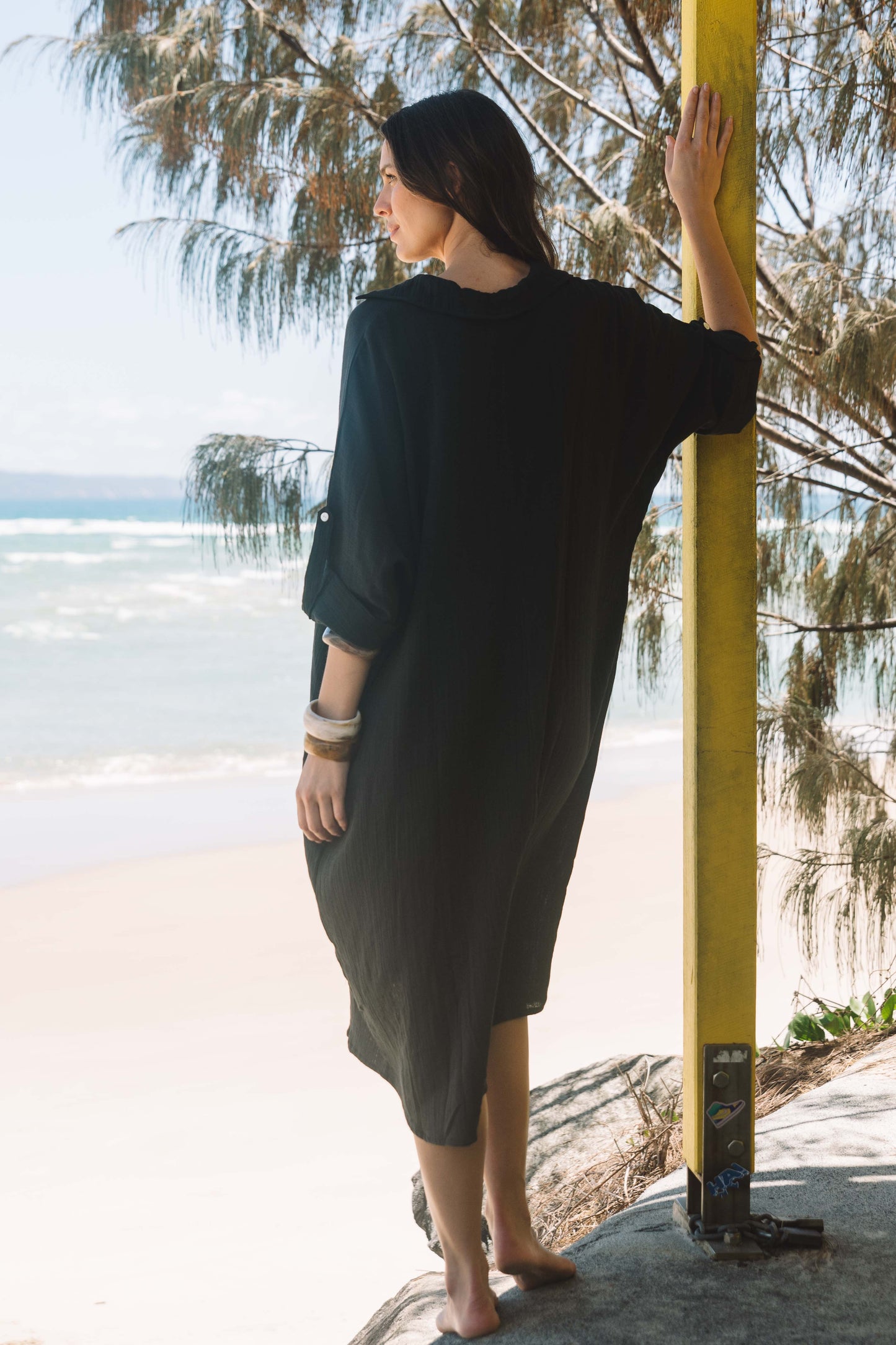 Dress Rumi Kaftan - Black Gauze Textured Cotton