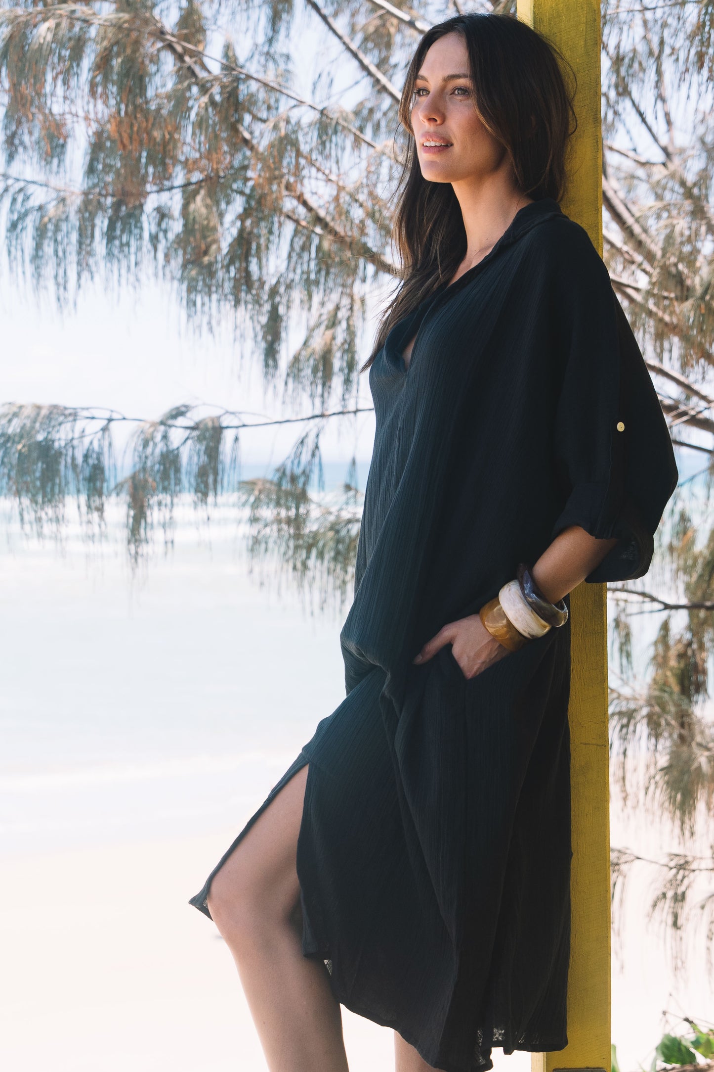 Dress Rumi Kaftan - Black Gauze Textured Cotton