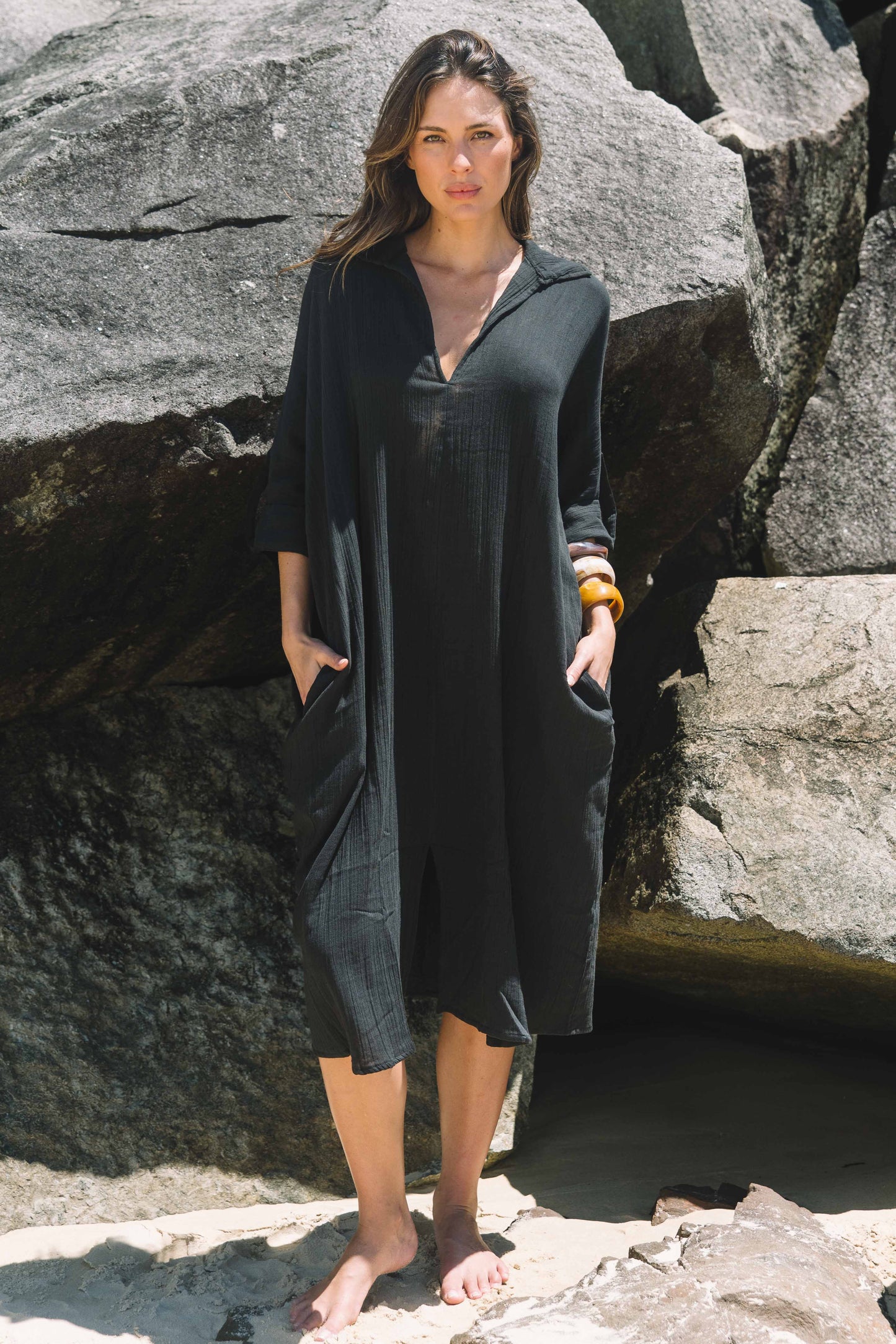 Dress Rumi Kaftan - Black Gauze Textured Cotton