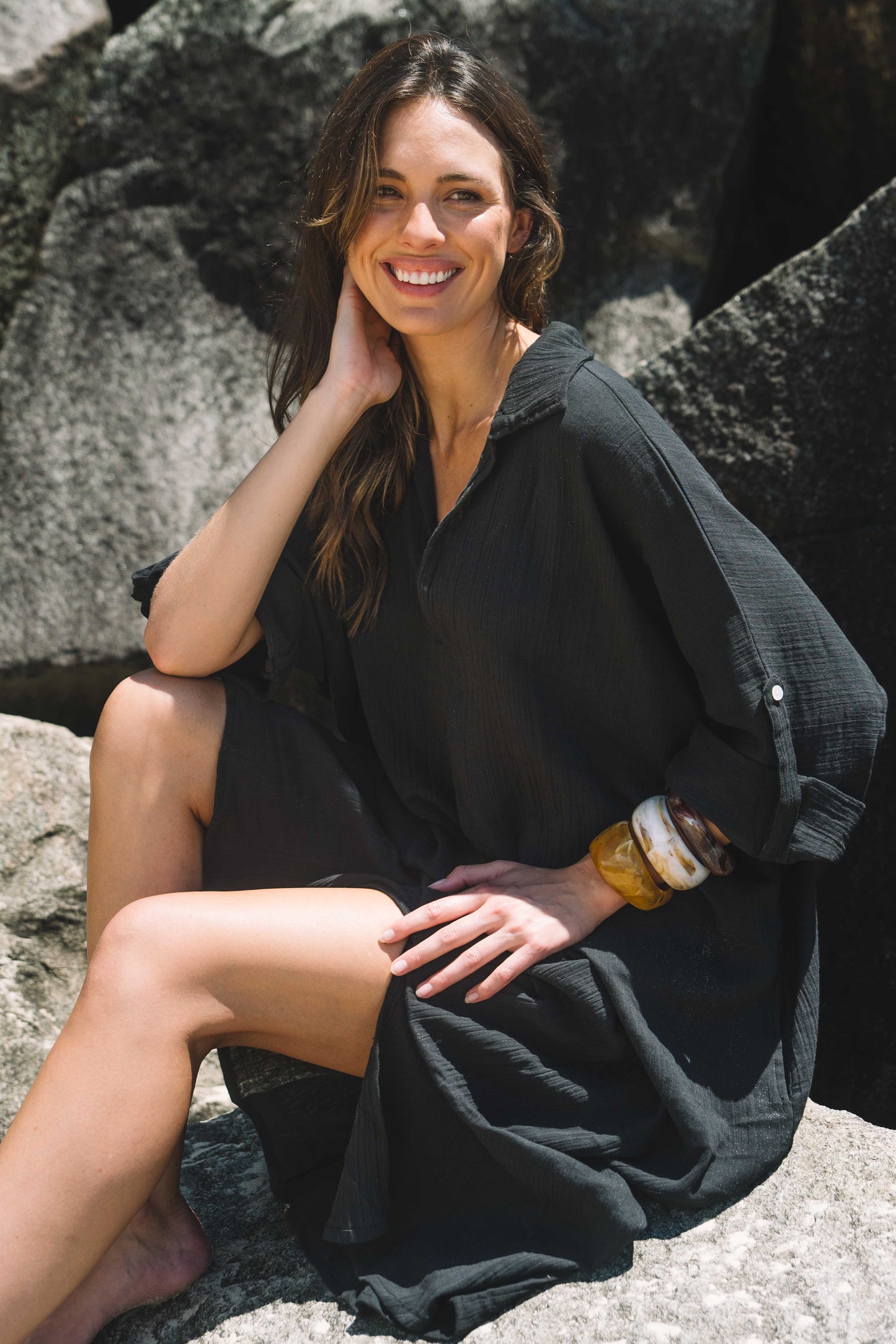 Dress Rumi Kaftan - Black Gauze Textured Cotton